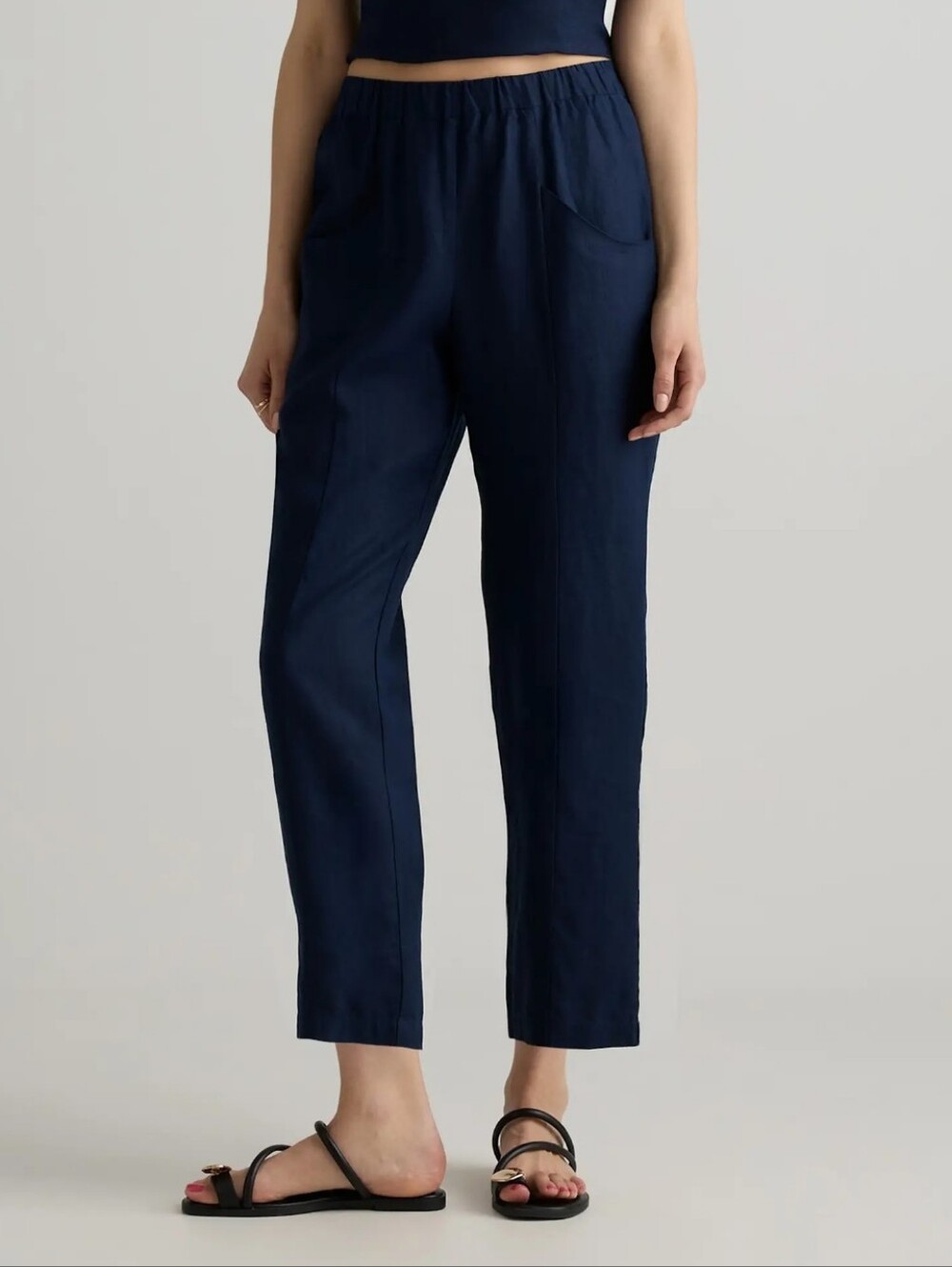 Quince Navy Elastic-Waist Linen Pants